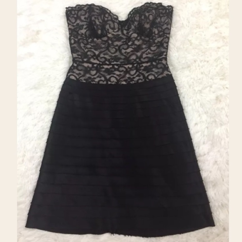 BCBG black nude lace satin strapless dress size 2